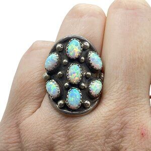 Navajo OPAL Cluster STERLING RING Size 8 SIGNED Native American VINTAGE Domed